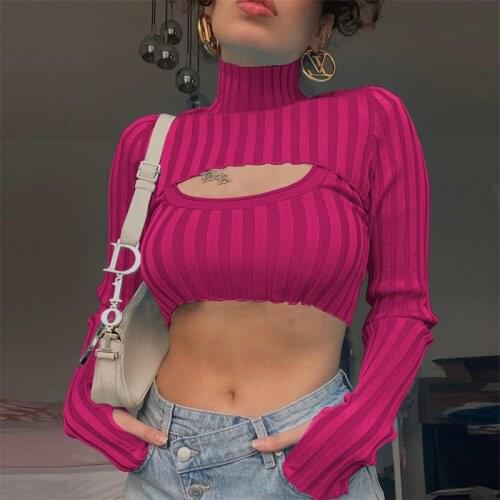 Forefair 2021 Autumn Ribbed Knitted Turtleneck Long Sleeve Women Sweater Fashion Hollow Out Y2K Casual Skinny Female Tops