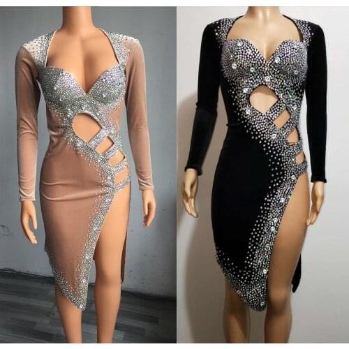 Designer Evening Prom Rhinestone Velvet Dress Women Sexy Hollow Out Bodycon Dress High Split Nightclub Party Dress Dancer Wear