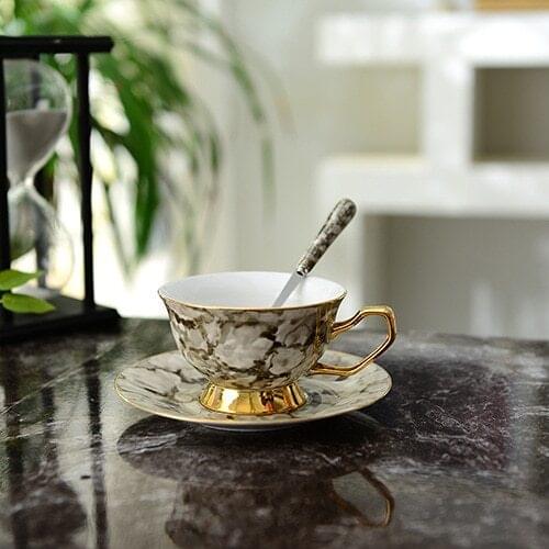 Gold handle hand painted marble grain ceramic cup with spoon cup plate fashion creative couple coffee cup