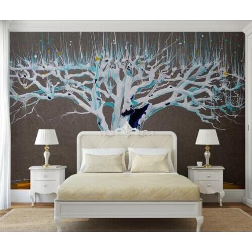 Customized large-scale 3D fresco Nordic small fresh hand-painted watercolor tree idyllic background wall painting wallpaper