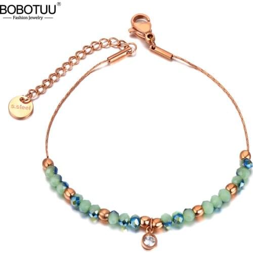 BOBOTUU Sparkling Green CZ Crystal Charm Bracelets Bangles For Women Stainless Steel Link Chain Bohemia Beach Bracelet BB20189