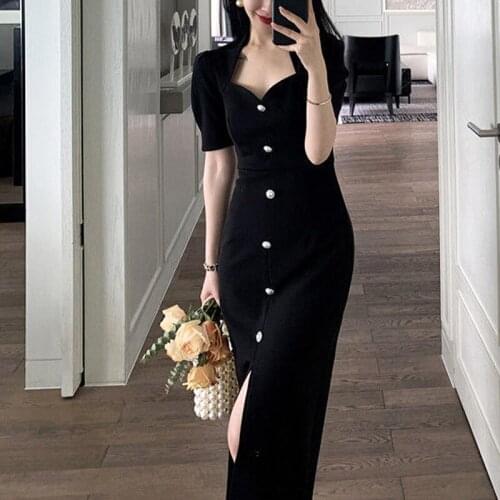 One Piece Dress Korean Vintage Midi Dresses Women Short Sleeve Elegant Black Dress Office Ladies Button Design Summer 2021 Y2K