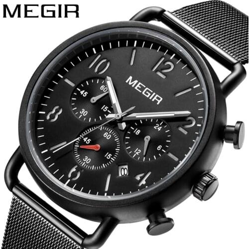 Top Brand MEGIR Original Fashion Casual Watch Men Luxury Steel Mesh Waterproof Quartz WristWatch Mens Sport Chronograph Watches