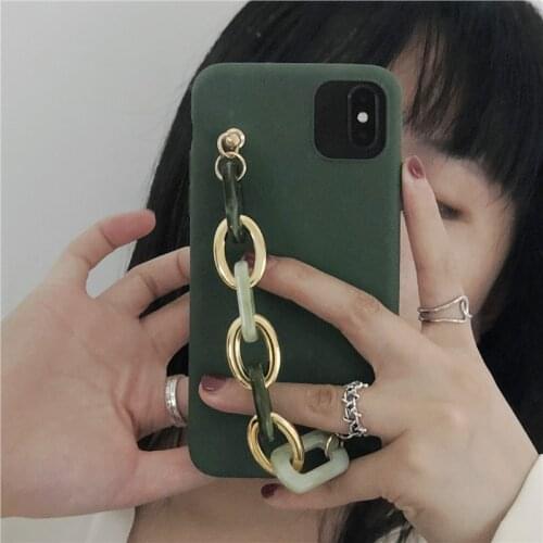 Dark Green Plain Jade Chain Phone Case For iPhone 12 Pro Max XSMAX 11 Pro Max XR XS 7 8 Plus SE Shockproof Soft Silicone Shell