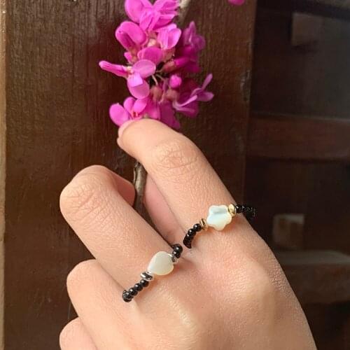 Momiji Obsidian Beads Rings for Women Shell Material Natural Stone Jewelry Elastic Adjustable Ring Handmade Gift Wholesale