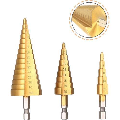 Metric Spiral Flute Metal Drill Bit 4-12/4-20/4-32mm HSS Steel Cone Titanium Coated Cut Tool Set Hole Cutter Metric Pagoda Shape
