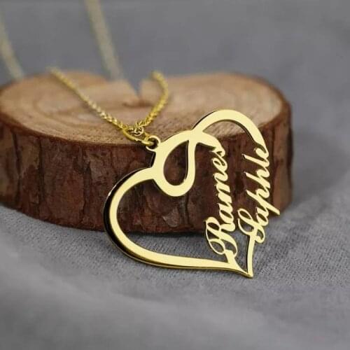 Goxijite Fashion Custom Stainless Steel Double Name Heart Necklace For Women Personalized Customized Nameplate Birthday Gift