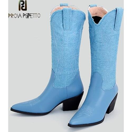 Retro Pointed Thick Heel Fashion Embroidered Knight Boots Autumn and Winter New Beauty Stitching Denim Sleeve Mid-tube Boots