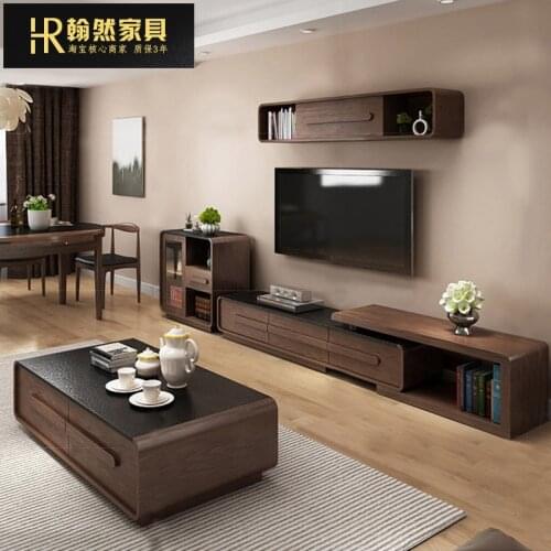 Nordic burnt stone tea table combination set small house walnut color floor telescopic TV cabinet
