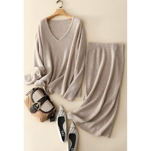 Autumn winter cashmere V-neck pullover sweater top skirt cashmere suit elegant gentle 100% cashmere sweater women