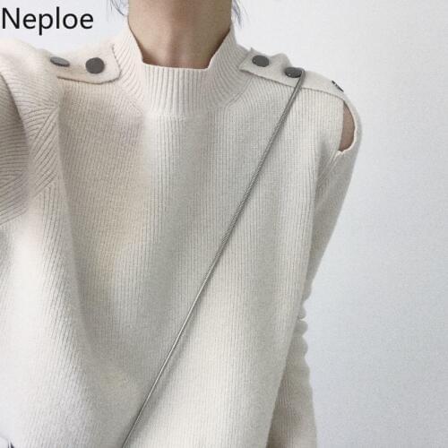 Neploe Autumn Winter New O Neck Pullover Sweater Women Solid Long Sleeve Shoulder Button Pull Femme 2021 Knit Cross Top 46827