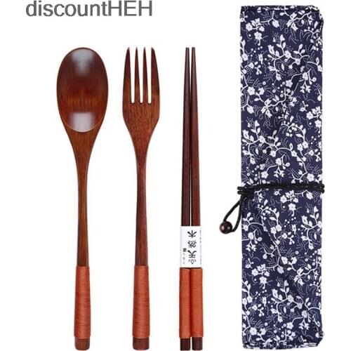 Portable Wood Tableware Wooden Cutlery Sets Travel Dinnerware Suit Environmental With Cloth Pack Gifts Set Cutlery Set Wood