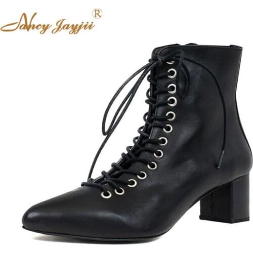 Genuine Leather Cow Leather Women Adult Ladies Boots Black Solid Ankle Pointed Toe High Square heels Mature Nancyjayjii 2019
