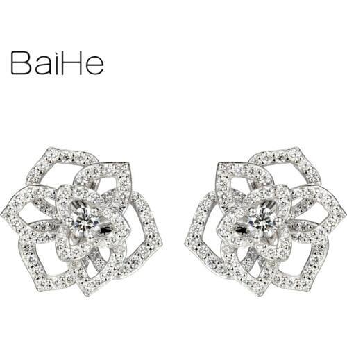 BAIHE Solid 14K White Gold 0.85ct H/SI Natural Diamonds Wedding Women Trendy Fine Jewelry flower diamond Stud Earrings for Women
