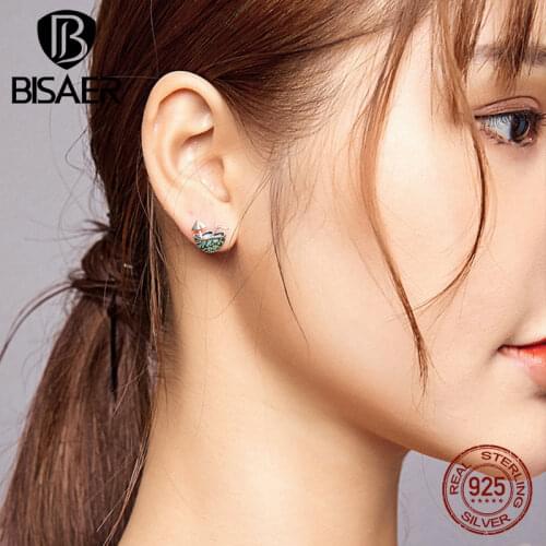 BISAER Coconut Stud Earrings Genuine 925 Sterling Silver Green Zircon Earrings For Women Summer Drink Jewelry ECE908