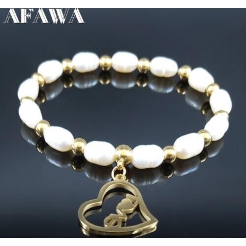 2021 Love Heart Stainless Steel Freshwater Pearls Bracelet Gold Color Family Bracelets Jewelry pulseras mujer moda B18647
