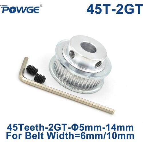 POWGE GT 45 Teeth 2GT Timing Pulley Bore 5/6/6.35/7/8/10/12/14mm for GT2 Open Synchronous belt width 6/10mm gear 45Teeth 45T