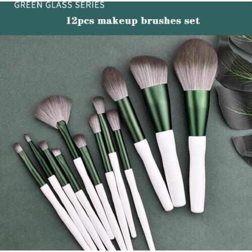12 Pcs Green Glaze Makeup Brushes Set Super Soft Bionic Snow Fox Hair Full Set Brush Beauty Professional Foundation Brush Kits