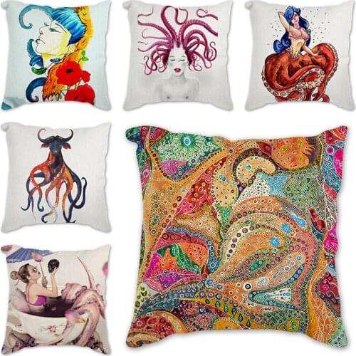 18" Vintage Flower octopus Printed Throw Pillow Case Sofa Cushion Cover Home Decorative For Chair Seat Office Bedroom Pillowcase