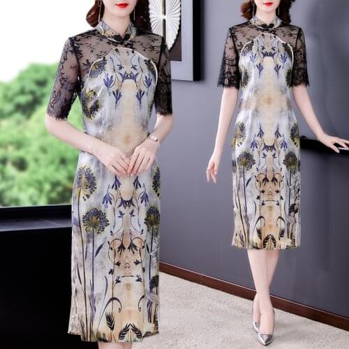 2021 Women Bodycon Elegant Party Vestidos Lace Pachwork Sexy Midi Dress Summer Mulberry Silk Chinese Style Casual Beach Dresses