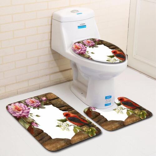 Zeegle Creative Pattern 3pcs Bathroom Mats Set Non-Slip Pedestal Rug Toilet Lid Cover Flannel Bath Mat Set Washable Toilet Rug