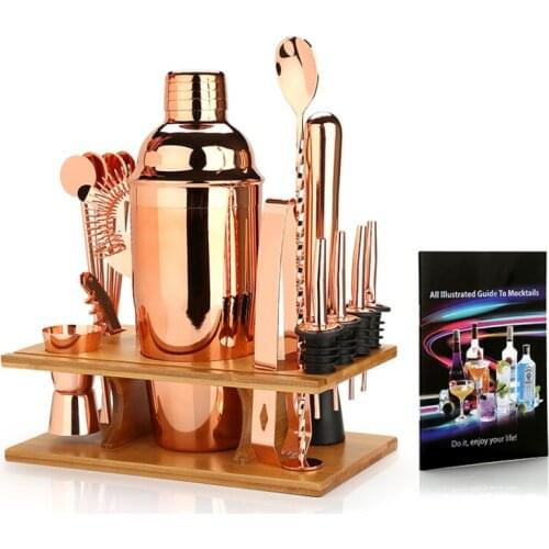 High Quality Barware Tools Wooden Stand Bag Travel Gift Stainless Steel Bartender Kit Bar Accessories Jigger Cocktail Shaker Set