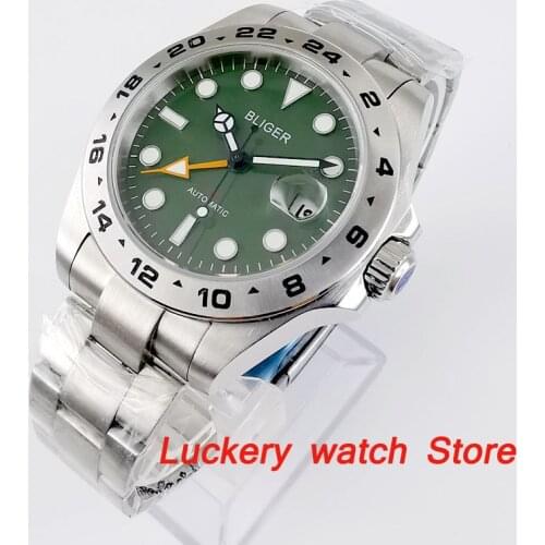 Bliger 43mm top luxury Men watch green dial Sapphire glass luminous display GMT Function Automatic winding Movement