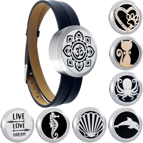 Lotus Aromatherapy Locket Bracelets Genuine leather Essential Oils Stainless Steel Diffuser Perfume Locket Bangle with Pads