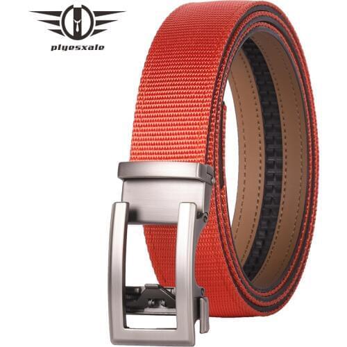 Plyesxale Brand Nylon Leather Belt For Men Green Black Khaki Beige Orange Mens Ratchet Automatic Belts Formal Dress Belt Man B81