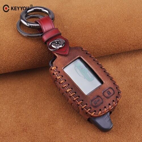 KEYYOU Genuine Leathe Key Case For Tomahawk TW 9010 9020 9030 Car Styling Two 2 Way Alarm System LCD Keychain Key Bag Key Cover