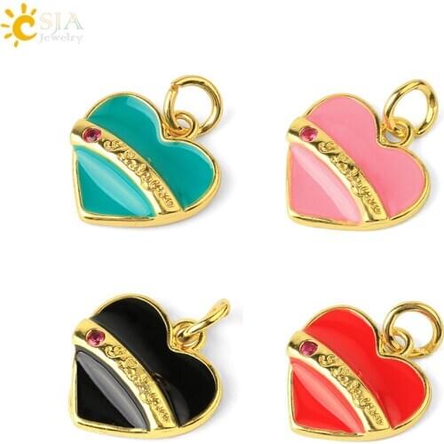 CSJA Enamel Heart Charms for Bracelets Bangles Necklace Making Bulk Gold Color Metal Pendant Charms DIY Jewelry Findings S752