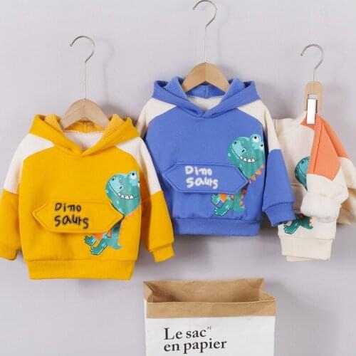 Winter Baby Boys Cartoon Dinosaurs Long Sleeve Hooded Thick Fleece Pullover Hoodies Children Kids Casual Outerwear Coats