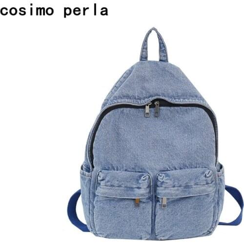 INS Fashion Denim Backpacks for Women Simple Casual Preppy Style Travel Double Shoulder Strap Bagpacks Pocket Blue Bookbag