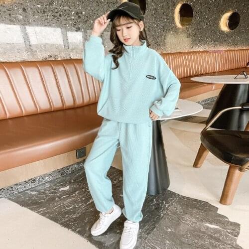 Girls Fashion Casual Suit Girls Spring And Autumn Pure Color Stand Collar Pullovers And Trousers Girls Loose Sports Suit 6-13 Y