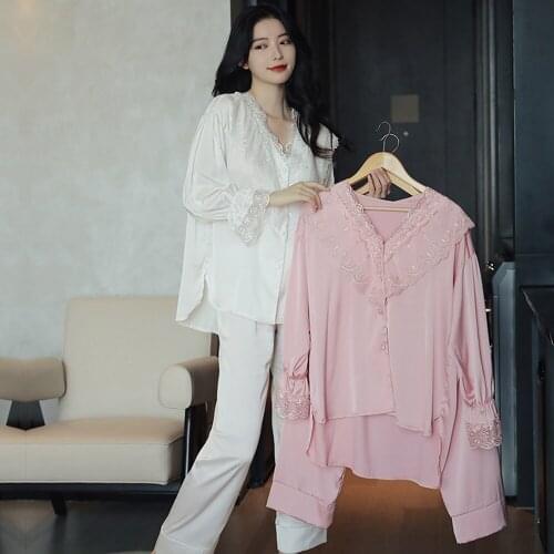 2021 The New Palace Style Lace Suit Satin Chiffon Pajamas Suit Can Be Buttoned Home Service Large Version