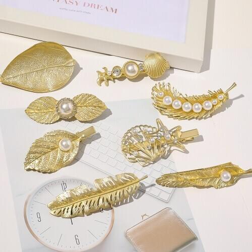 New Fashion Retro Metal Alloy Hair Clip Feather Leaf Pearl Duckbill Clip Hairpin Side Clip Hair Accessories For Women Girl Party