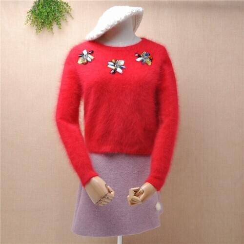 Girls women fashion hairy beading angora rabbit fur knitted short style loose pullover mink cashmere winter jumper sweater pull