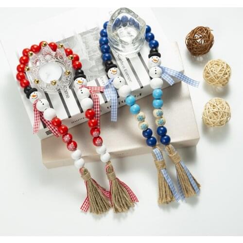 72cm Christmas Wooden Bead String Pendant Santa Claus Snowman Pattern Ornament DIY Fashion Custom Hemp Rope Beaded Pendant
