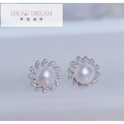SHOWDREAM S925 Silver Zircon Australian White Pearl Natural Seawater Pearl Earring