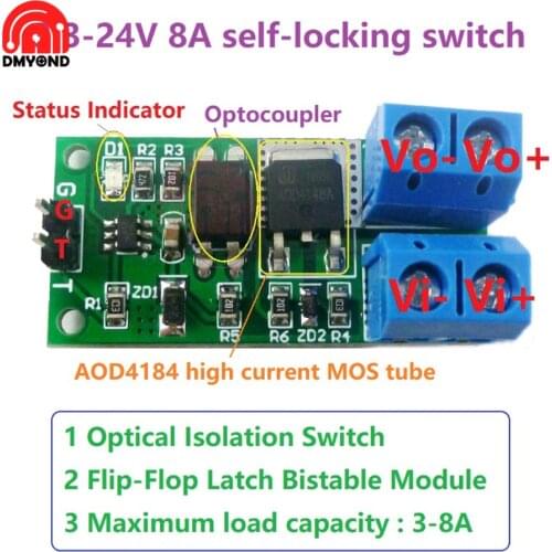3.3V-12V 9V-24V 3-8A Low Pulse Trigger Board Flip-Flop Latchs Relay Module Bistable Self-Locking Switch