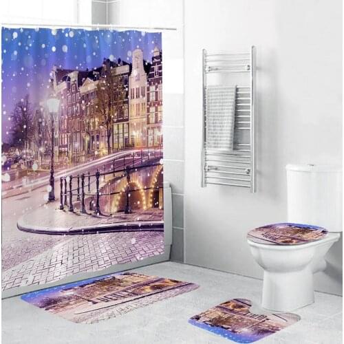 3D Romantic Street Alley Pattern Shower Curtains Bathroom Curtain Waterproof Fabric Snow Scenery Non-slip Bath Mat Toilet Rug
