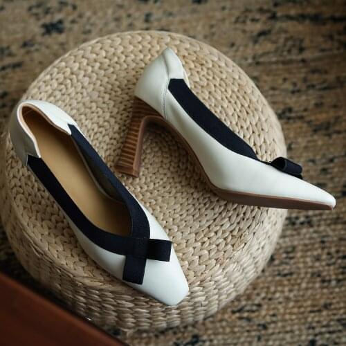 Womens genuine leather bordered bow tie square toe slip-on pumps thin high heel elegant ladies korean style OL daily dress shoe