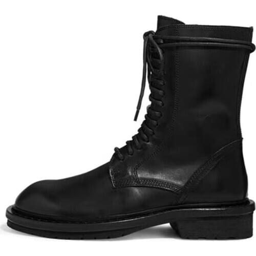 Chunky Medium Heel Ankle Booties Lace Up Round Toe Black Leather Spring Shoes Women Street Matching Everything Comfortable Boots