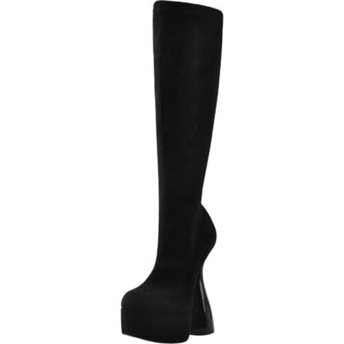 Solid Black Round Toe Platform Knee High Boots for Ladies Side Zip Sky High Heel Fashion Boots Thick