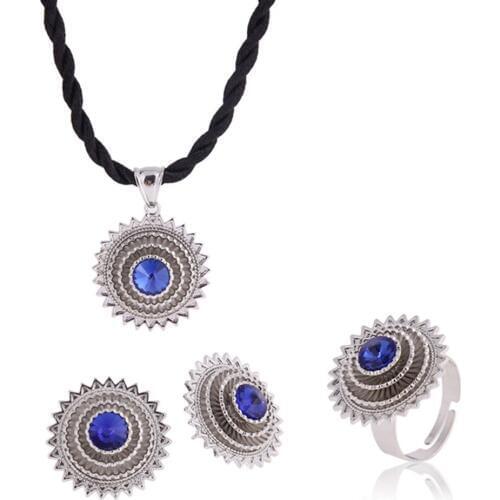 Bangrui Silver Color cz stone Ethiopian Jewelry African Women Bridal Set Dubai Wedding Pendant Rope Earrings Ring party gift