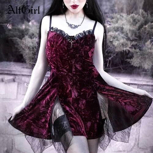 AltGirl Mall Goth Red Velvet Dress Women Vintage Harajuku Lace High Waist Split Dress Dark Gothic Lolita Noble Emo Party Dresses