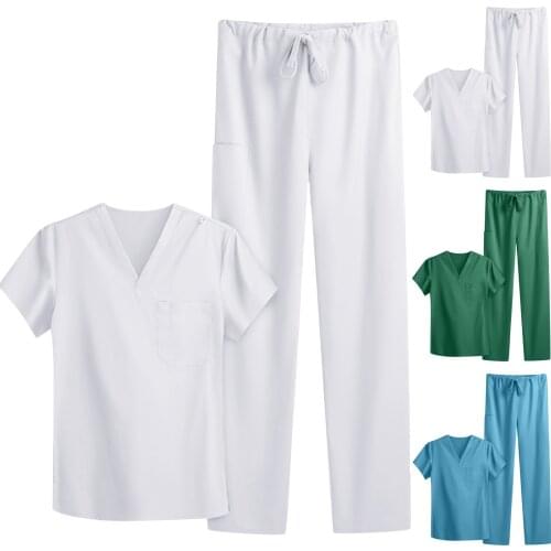 2021 Womens Nursing Uniform Set Top And Pants Ladies V-neck Solid Color Short-sleeved Pocket Carer Suit Workers Uniforms#G30