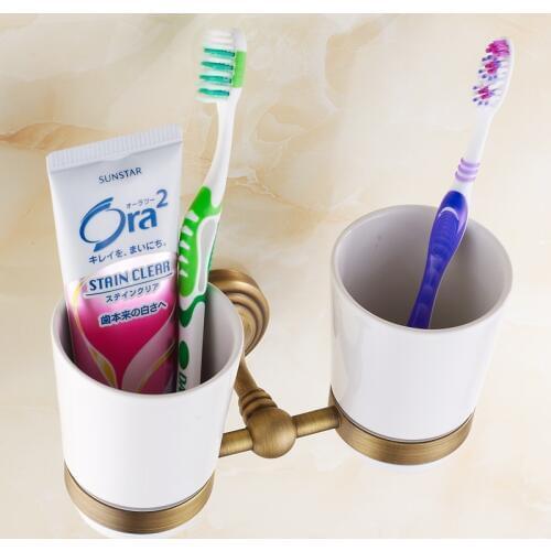 Antique Brass Double Cup Holder Wall Mounted Tumbler Holders Bathroom Accessories Toothbrush Holder BD923