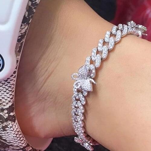 Hip hop Rhinestone Cuban Link Butterfly Anklet Bracelet for Women Rapper Bling Cuban Chain Iced Out Anklets Barefoot Jewelry