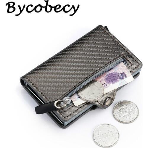 Bycobecy High Quality Carbon Fiber Smart Wallet Card RFID Men Business Button Wallet New Male Coin Purse ID Holder With Zipper